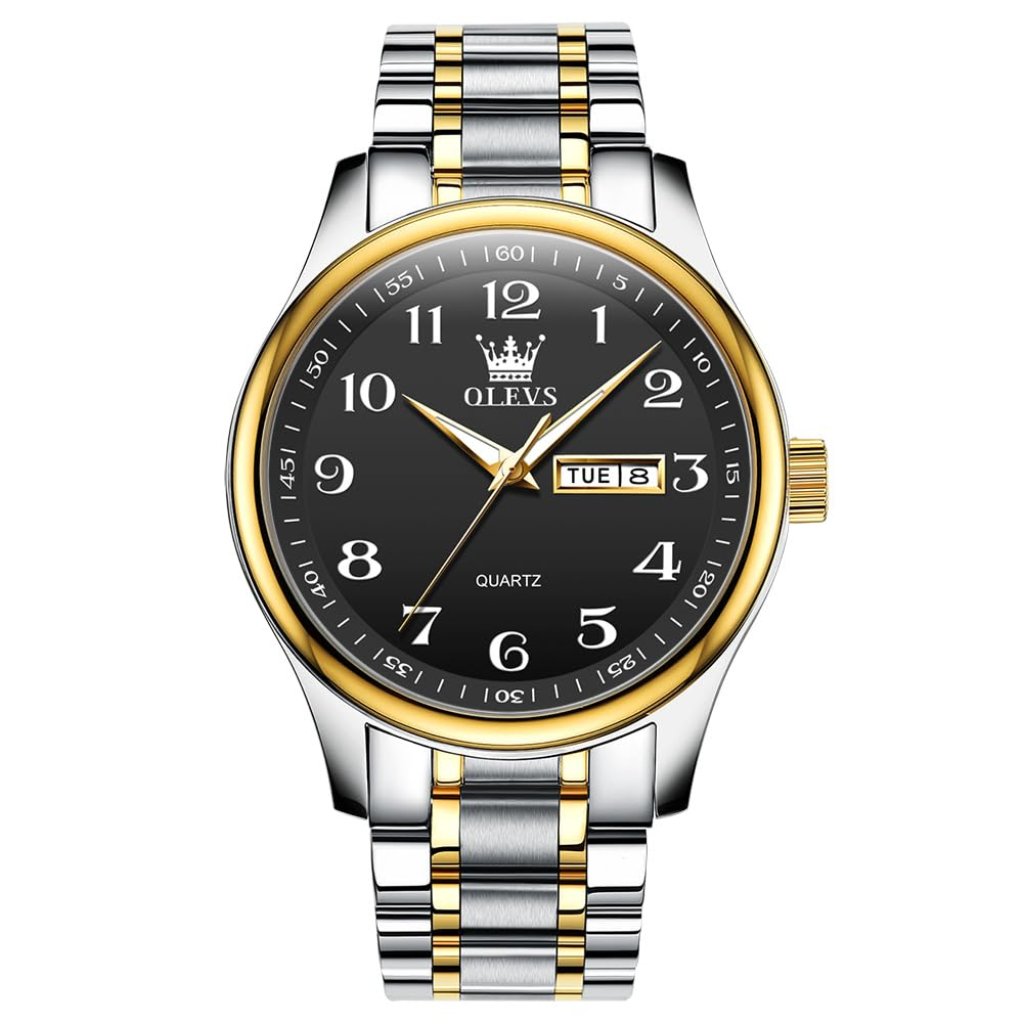 Men's Stainless Steel Watch With Day Date Waterproof Large Dial